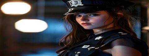 专业摄影写真制服造型：模特在专业摄影棚内身着警察制服，灯光专业，展现制服诱惑的视觉张力与艺术表现力