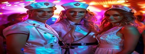 主题派对制服造型：宾客身着精心搭配的护士或空姐制服参加成人主题派对，灯光炫彩，气氛热烈时尚