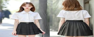 学生制服造型：日系格纹百褶裙搭配白衬衫与领带，青春校园场景，展现清新学生气质与制服文化魅力