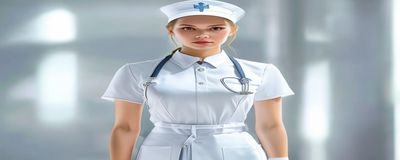 护士制服造型：白色护士帽搭配合身白色连衣裙，专业医疗场景中展现干净利落的职业魅力，光线明亮柔和
