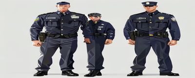 警察制服造型：深色制式警服搭配警徽与腰带，站姿挺拔威严，展现执法职业的权威感与力量美